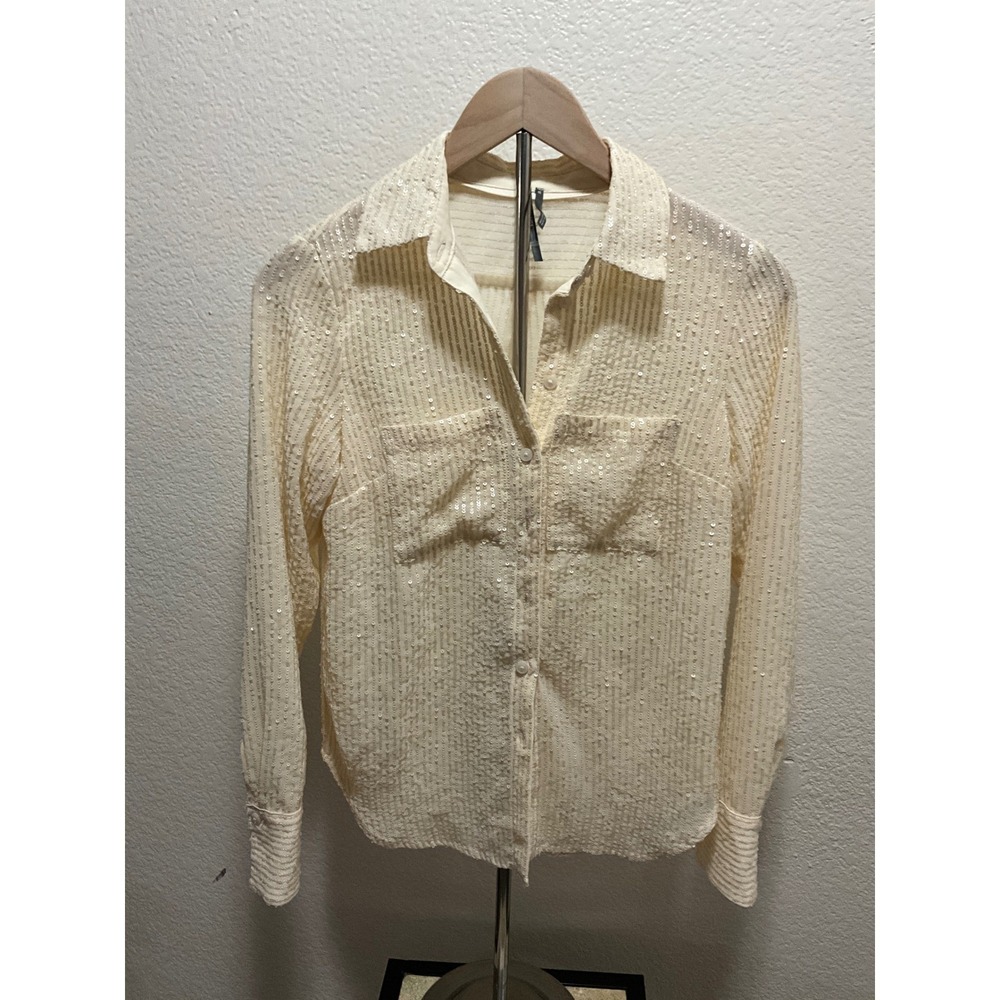 Anthropologie Sequin Striped Button Down Shirt Blouse Cream XXS